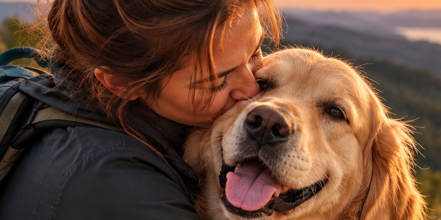 Une femme embrasse son Golden Retriever lors d'une promenade en pleine nature, illustrant le bonheur d'avoir un chien.